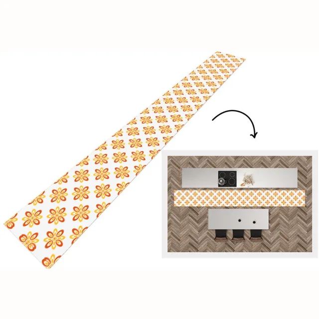 KitchenYeah Keukenloper 400x50 cm - Keukenmat vinyl Patroon - Jaren 70 - Bloemen - Oranje - Keukenmatten loper - Keuken vloerkleed tapijt Patroon - Bloemen - Oranje