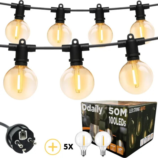 Odaily Lichtsnoer Buiten - 50 Meter - 100 LED Lampen G40 - Warm Wit Licht - IP65 - Premium Kwaliteit