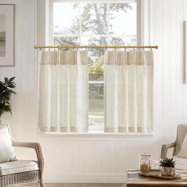 Ibenzoa Vitrage set van 2 voor keuken en balkondeur, halftransparant, linnenlook, landhuisstijl, 65 x 60 cm beige