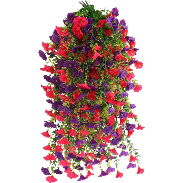 Famanu Set van 4 kunstbloemen, petunia-hangers van 80 cm, ideaal voor buiten- en binnendecoratie in roze-paars