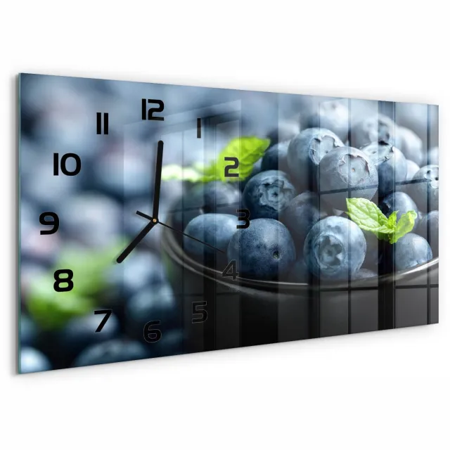 TULUP Wandklok - Bosbessen Gekleurde Glazen Klok - 60x30 cm - Blauw Glazen Klok Met Print - Zwarte handen - Rechthoekige Klok - Moderne Wandklok Glas - Wandklok Glas Decoratie