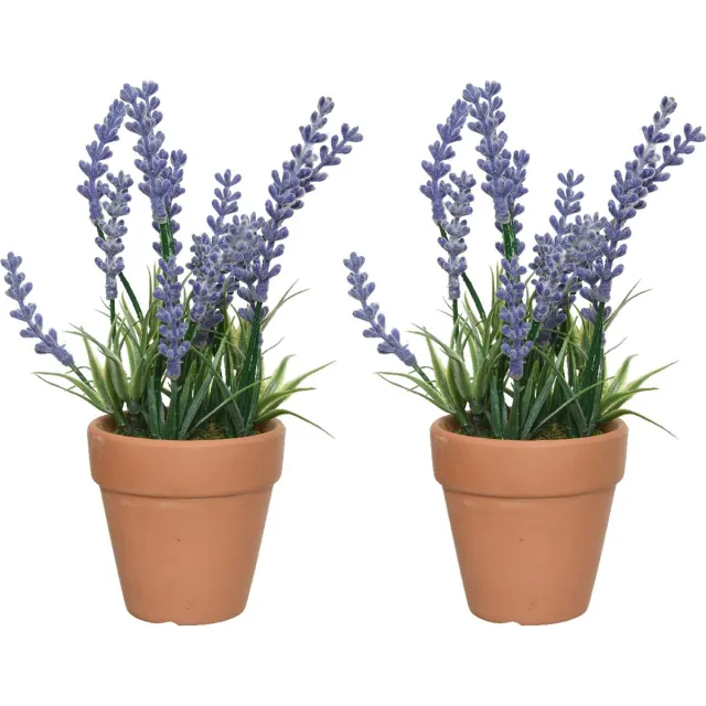 Everlands Eerlands lavendel kunstplant in pot - set 2x - lila paars - D6 x H18 cm