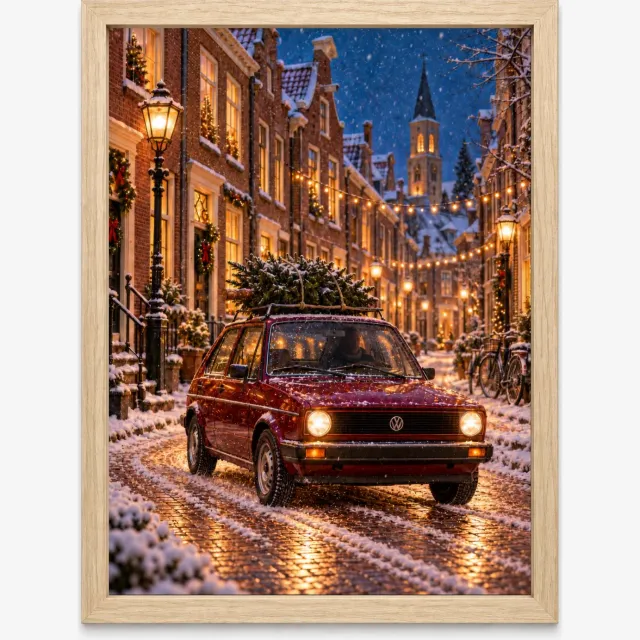 Joshimo Volkswagen Golf Kerstposter | Verlichte Winterstraat | Inclusief Lichtbruine A4 Lijst