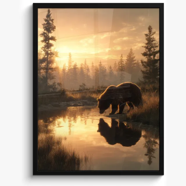 FrameYourWall Poster in lijst - Fotolijst 60x80 cm - Posters - Beer - water - Bos - Ochtendlicht - Posterlijst zwart - Decoratie - Wanddecoratie woonkamer - Muurdecoratie slaapkamer