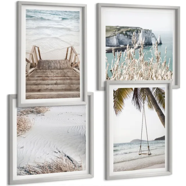 TULUP 4-Delige Schilderij Set - Strand met houten trap en een schommel aan zee - 40 x 40 cm en 40 x 60 cm - Moderne Wanddecoratie - Woonkamer Zilveren lijst
