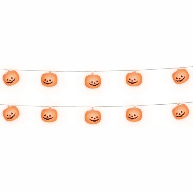 Fiestas Guirca Halloween deco LED verlichting/lampjes pompoenen - 2x - op batterijen - 180 cm - griezel uitstraling