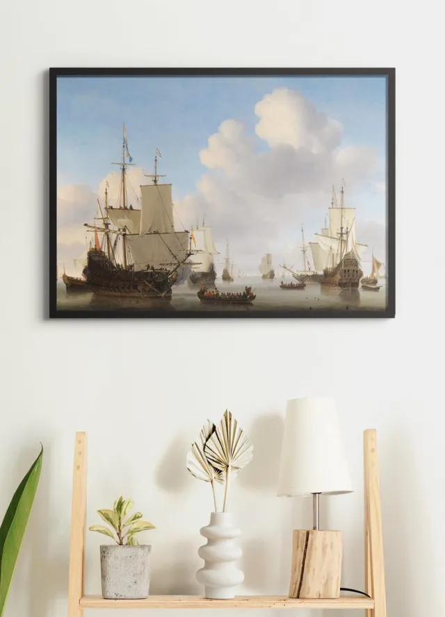Esque Poster In Zwarte Lijst - VOC Schepen - Hollandse Schepen op een kalme zee - Gouden Eeuw - Large 50x70 cm
