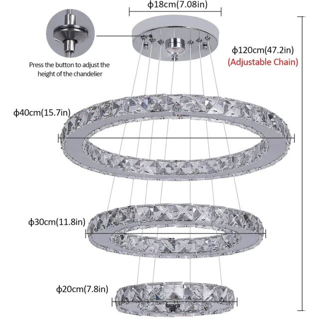 Questyr Luxe Kristallen Kroonluchter – Chrome – 3‑Ring LED Plafondlamp – 40/30/20 cm – Modern Design – Inclusief LED Chroom / Transparant kristal