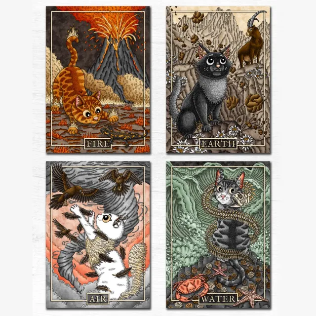 Puss In Books Illustration Vier Elementen Art Print - Four Elements Cats Art Print Set - A4 Size Art Print Poster - Aarde Wind Water Vuur - Katten en Poezen Illustraties - Schattig Eng Poes - Uniek Nederlands Design Vierkleurendruk