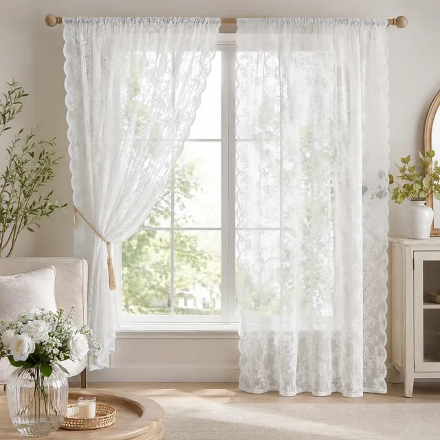 MUPOO Brocante Vitrage Kant en Klaar kant en klaar Bloemenpatroon - Lichtdoorlatend- Transparant Vitrage Gordijn met Tunnelzoom voor Woonkamer/Slaapkamer - 150 x 180 cm - Wit wit-1 stuck