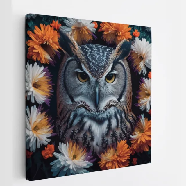 Saammp Canvas Schilderij - Uil tussen de bloemen - Abstract - Dieren - 60x60 - Foto op canvas - Wanddecoratie - muurdecoratie Woonkamer - Slaapkamer decoratie - Canvas Print Multicolor