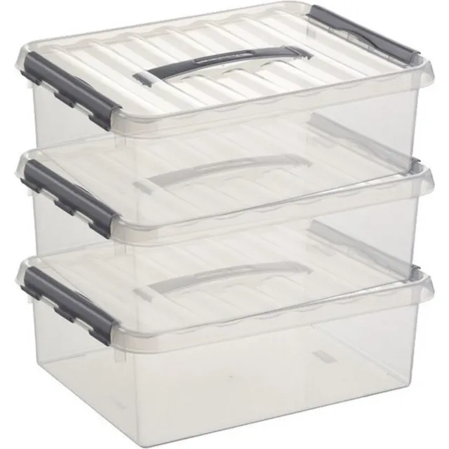 Sunware q-line opberg box/opbergdoos - 3x - 10 liter - 40 x 30 x 11 cm - kunststof - opslagbox - transparant/zilver
