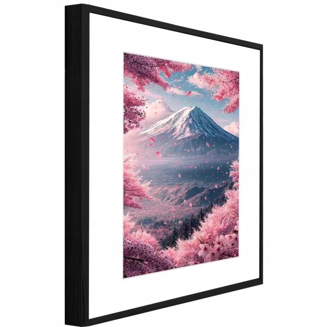 WALLARENA Schilderij met reliëf en passe-partout 120x80 cm - zwarte lijst - bergen met kersenbloesem - wanddecoratie voor woonkamer en slaapkamer Roze
