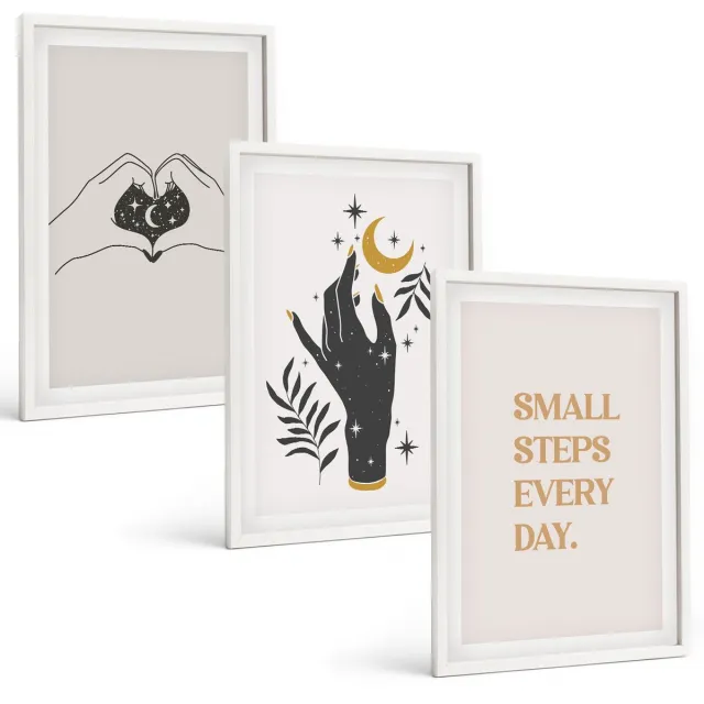 Coloray 3-Delige Schilderij Set - Minimalistische Illustraties Die Boho-Tekst Inspireren - 40 x 60 - Muurdecoratie - Wanddecoratie - Hal Witte lijst