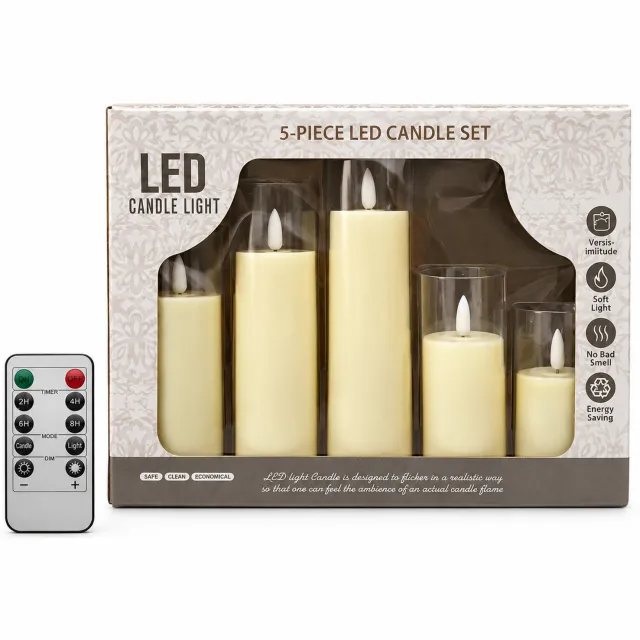 SWGOTA led kaarsen, set van 5 met afstandsbediening, cilindervormige kunststof behuizing, vensterdoos, voor feest- en kamerdecoratie Crème