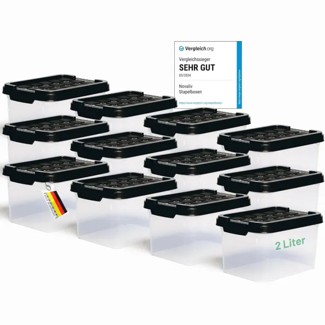 Novaliv 12x Opbergdozen met deksel Klein 2 L Antraciet Nestbaar Stapelbaar Kunststof dozen met clipsluiting Kunststof BPA-vrij 19 x 14 x 11 cm