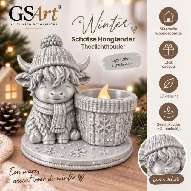 GSArt Theelichthouder Schotse Hooglander Winter – inclusief LED-kaarsje - Zijde Zilver