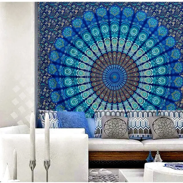 Unyqoos Katoenen Wandkleed Blauw Mandala Design voor Slaapkamer en Woonkamer Decoratie