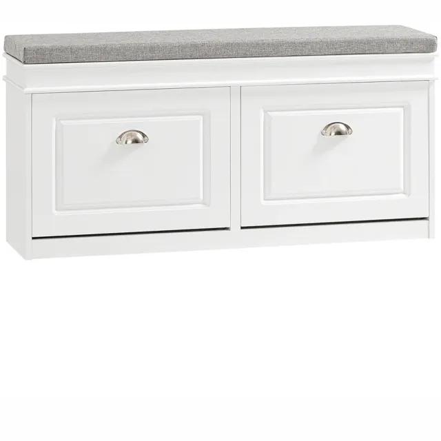 MokoHub Schoenenopbergbank met Zitkussen - Schoenenbank met 2 Opklapbare Kleppen - Opbergruimte - 104x24x51 cm - Wit