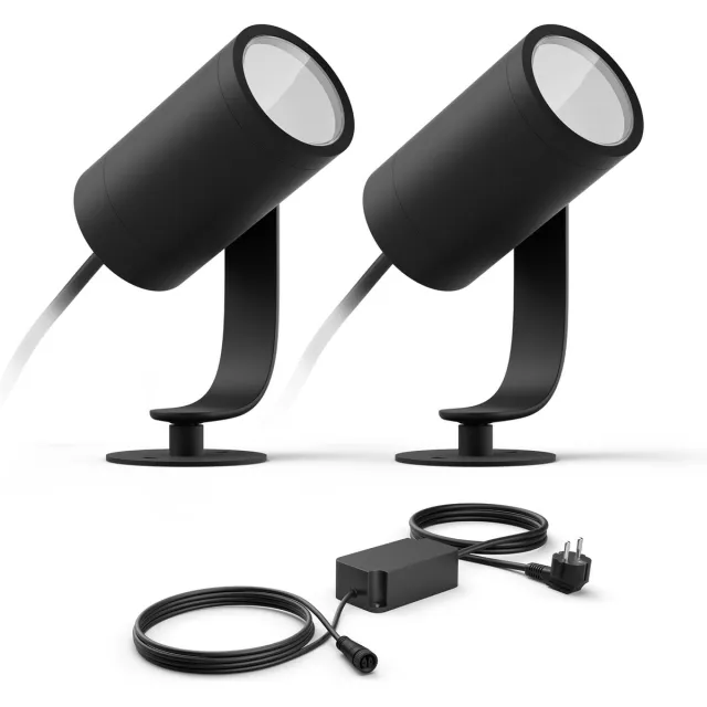 Philips Hue Lily Basisset van 2 Tuinspots (Antraciet) - Wit en Gekleurd Licht - Incl. 1 Voedingskabel - Tuinverlichting - Hue White and Color Ambiance Zwart