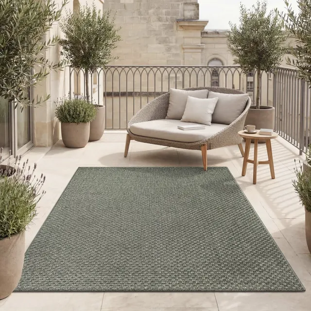 the carpet Maldives– Slijtvaste buitenkleed in Boho- & Vintage-stijl, weerbestendig, UV-bestendig & onderhoudsvriendelijk, ideaal voor balkon, terras, tuin & woonkamer, Groen, 140 x 200 cm