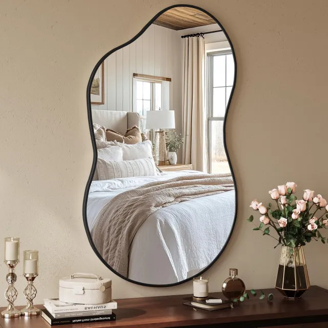 MAMIZO Asymmetrische Wandspiegel - Badkamerspiegel - 66x116cm - Gehard Glas - Aluminium Frame - Zwart