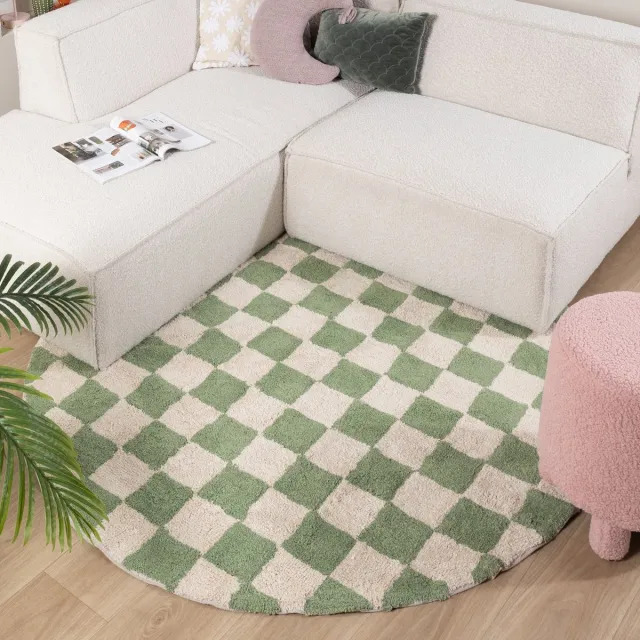 Fraai Rond retro vloerkleed - Gambit Groen/Wit - Ø 80cm