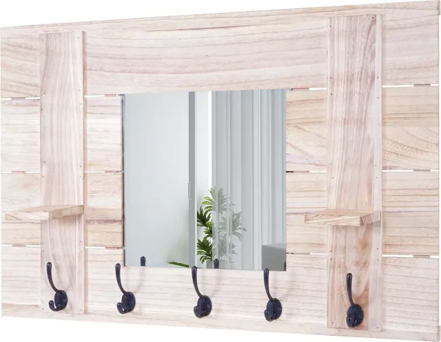 MCW Wandkapstok MCW-C89 met spiegel, kapstokpaneel, shabby-look vintage, 5 haken 90x60cm ~ naturelbruin