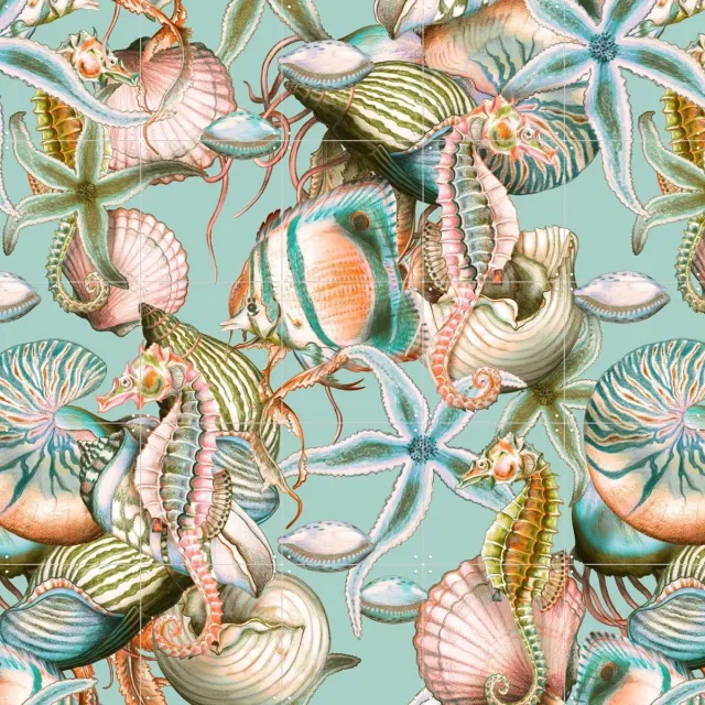 IXXI Just keep swimming Sealife soft Tones, Marylène Madou - 100 x 100 cm - Grote wanddecoratie en posters - Aquarel, Kleurrijk, Illustraties Blauw