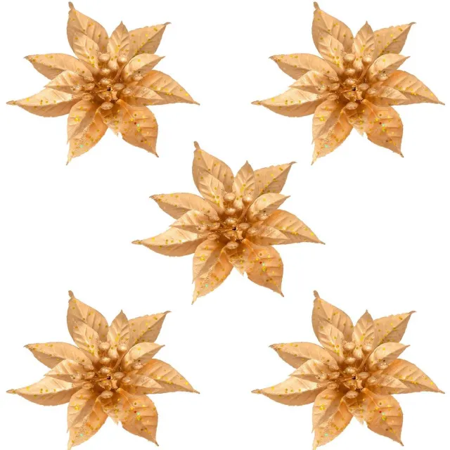Feeric lights & Christmas Set van 5 gouden plastic kerstbloemen van 8 cm Doré