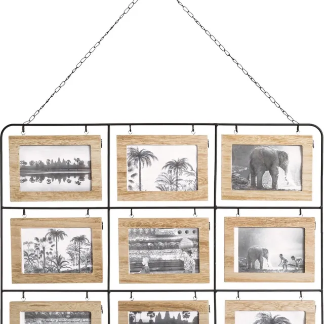 Atmosphera Collage fotolijst Nomad - 9x foto - voor 10 x 15 cm foto - hout en metaal - beige/zwart - 64 x 49 cm - lijstje - muur