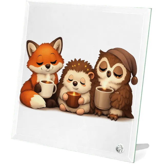 Mr Cadeautjes Glasframe 20 x 20 - design Een warme reeks van slaperige bosdieren met een ochtenddrank | cadeau Wit
