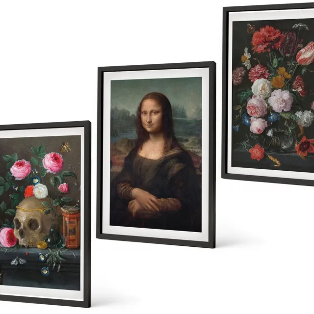 Coloray 3-Delige Schilderij Set - Vintage Bloemen, Schedel En Mona Lisa-Portret Van Leonardo Da Vinci - 40 x 60 cm - Decoratieve Schilderijen - Wanddecoratie - Hal - Interieur Decoratie Zwarte lijst