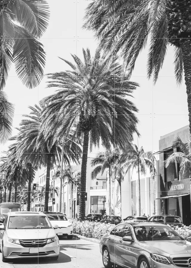 IXXI Rodeo Drive, Pati Photography - 100 x 140 cm - Grote wanddecoratie en posters - Fotografie, Gang, Woonkamer, Palmbomen, Stad, Gebouwen, Auto's Zwart en wit / Monochroom / Grijs