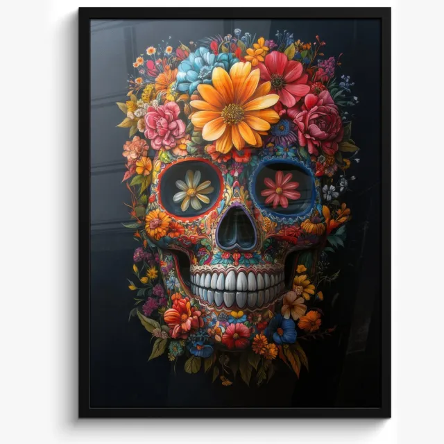 FrameYourWall Poster in lijst - Fotolijst 50x70 cm - Posters - Bloemen - Kleurrijk - Schedel - Posterlijst zwart - Decoratie - Wanddecoratie woonkamer - Muurdecoratie slaapkamer Schedel - Bloemen - Kleurrijk