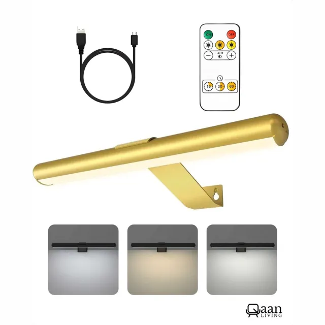 KAIA Oplaadbare Schilderijverlichting - Draadloze Wandlamp - Draadloze Schilderijverlichting Oplaadbaar - Touch en remote - Dimbaar LED 3000K/4000K/6500K - Oplaadbare Schilderijlamp Snoerloos - Sterke Accu Schilderijlamp - Goud