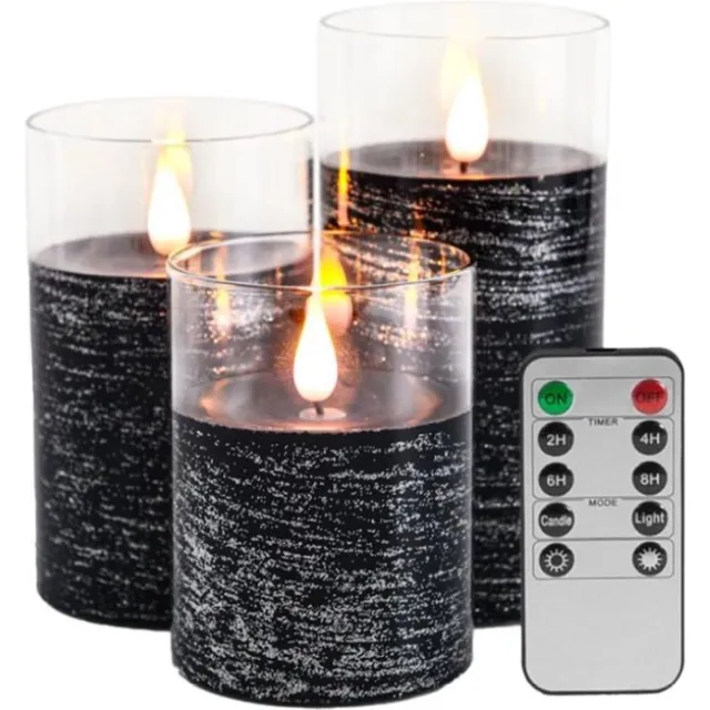 Higestone Electrische kaarsen | Led-Kaarsen | Zwart In Glas | 3 Stuks | Met Afstandsbediening | Op Batterijen | Sfeer | Sfeerkaars