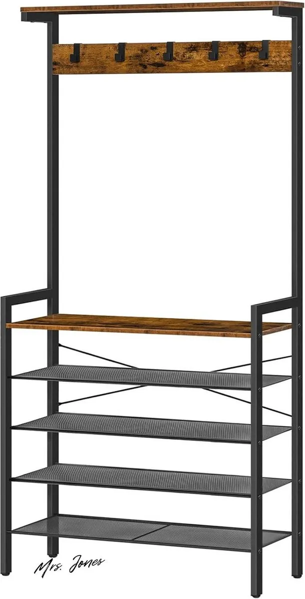 Mrs. Jones Kapstok met schoenopslag industriële hal boom standaard 5 haken houten accent opbergplank donkerbruin-zwart EBF74MT01 . multiple