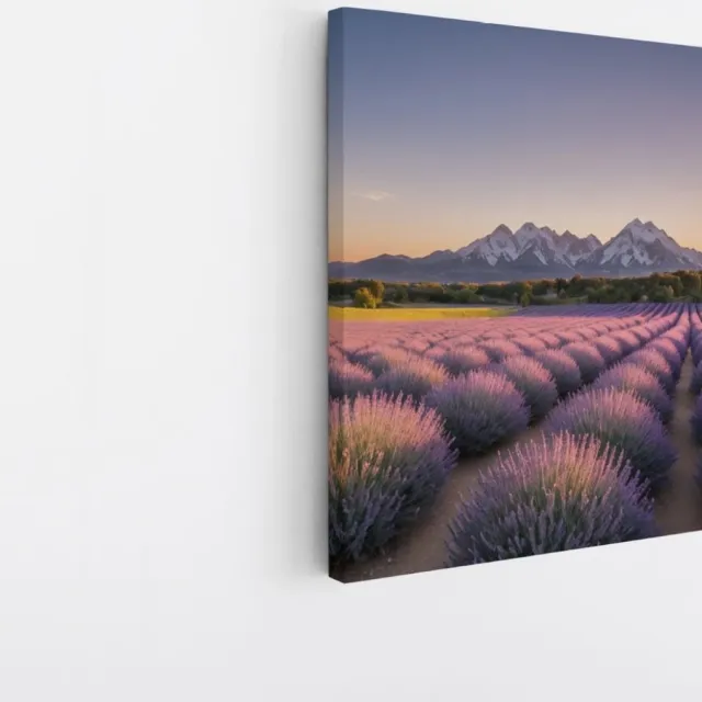 Saammp Canvas Schilderij - Lavendelveld met bergachtig landschap - Natuur - 30x30 - Foto op canvas - Wanddecoratie - Muurdecoratie Woonkamer - Slaapkamer decoratie - Canvas Print Multicolor