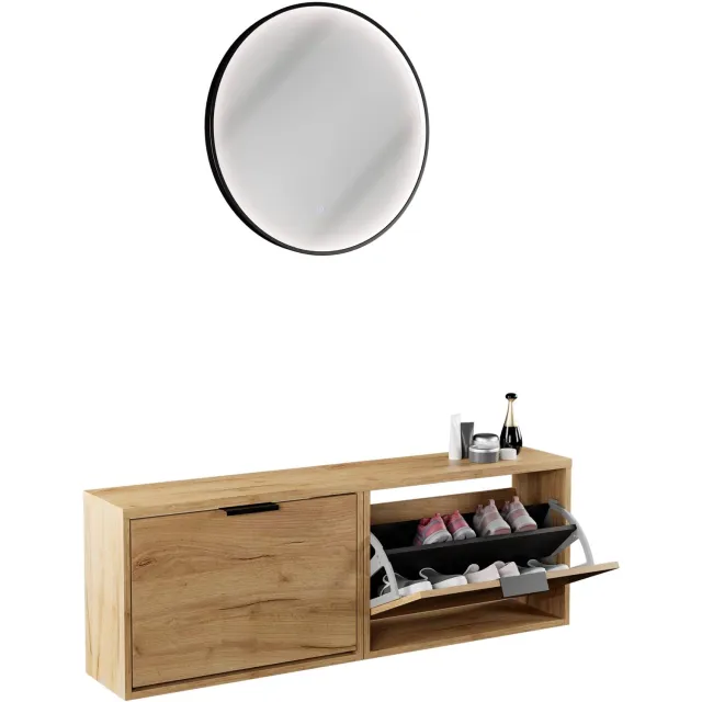 Planetmöbel STIVIO - Schoenenkast 60 cm - Goud eiken - Set van 2 - Met LED-spiegel VELUNA 1 klep, Goud eiken, Veluna 60 cm
