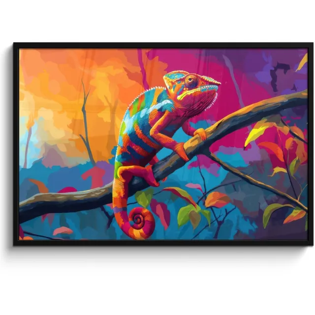 FrameYourWall Poster in lijst - Fotolijst 120x80 cm - Posters - Kameleon - Tak - Gestreept - Bladeren - Posterlijst zwart - Decoratie - Wanddecoratie woonkamer - Muurdecoratie slaapkamer Kameleon - Kleurrijk