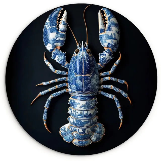 WallCircle Wandcirkel 60x60 cm - Muurcirkel Kreeft - Delftsblauw - Schild - Stoer - Muurdecoratie woonkamer - Wanddecoratie keuken - Kamer decoratie accessoires - Ronde schilderijen