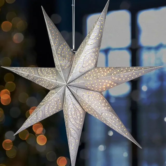 Brubaker 60 cm Papieren Kerstster om op te Hangen - Raam Adventster - 3D Papieren Ster met E14 Voet - Hangende Kerstdecoratie Lichtster met 3,5 m Kabel - Zilver Zilver patroon grof
