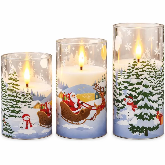 SWGOTA led kaarsen set van 3 met kerstslee en sneeuwdecoratie, verschillende hoogtes, warm licht, batterijvoeding, zonder batterijen Theebruin