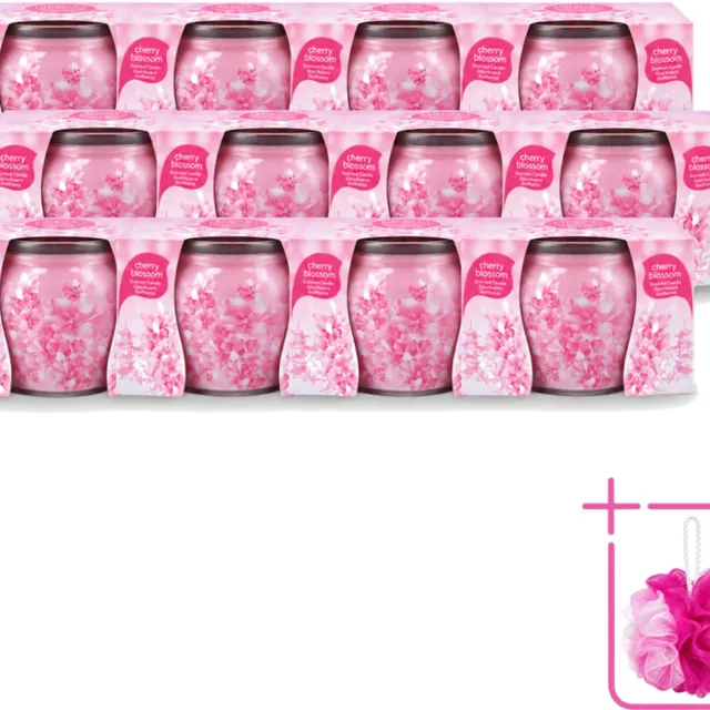 At Home 12 x At Home - Scents - Geurkaars - Cherry Blossom - 70 g - Bulkverpakking - Geurkaars cherry blossom - Douchemop - Geur in huis Roze