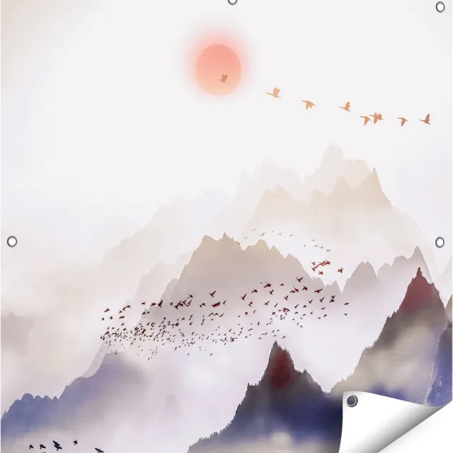 Gards Tuinposter Bergenlandschap met een Boom - Abstract - 80x80 cm - Tuindoek - Tuindecoratie - Wanddecoratie buiten - Tuinschilderij Multikleur