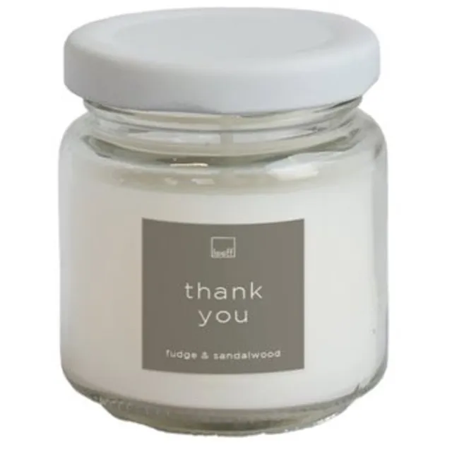 Leeff Mini Geurkaars in bokaaltje - THANK YOU - Geur: Fudge & Sandelwood - 5.8 cm x 6.6 cm - wit