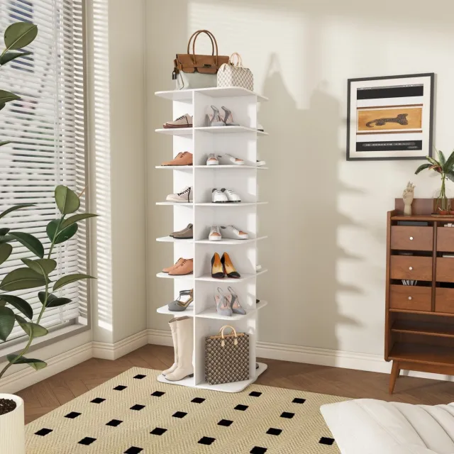 MEUNIQ Draaibare schoenenkast 60 x 60 x 184 cm - 7-laags staand schoenenrek, 360° draaibaar, voor 28 paar schoenen en laarzen, wit