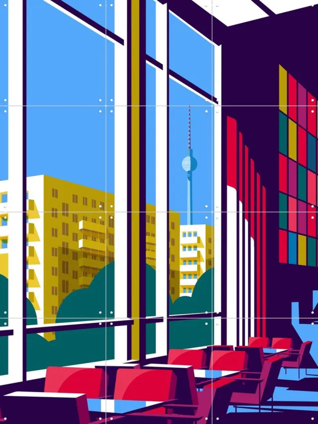 IXXI Berlin - Kino International, Remko Heemskerk & Kunst in Kaart - 60 x 80 cm - Grote wanddecoratie en posters - Digitale Kunst, Geometrische Kunst Blauw