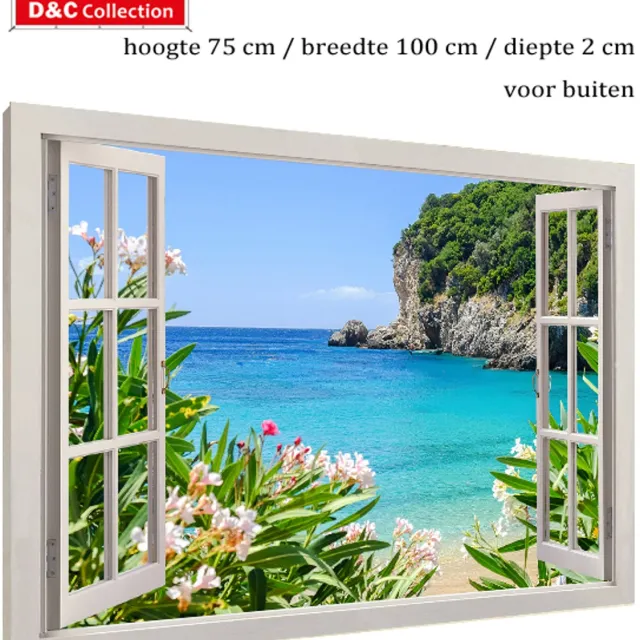 D&C Collection Doorkijk tuinposter zeezicht ophangklaar - 75x100x2 cm - canvas - bloemen poster met zeezicht - rotsen modern venster - tuinschilderij - tuindoek grijs/wit, blauw, rose, groen